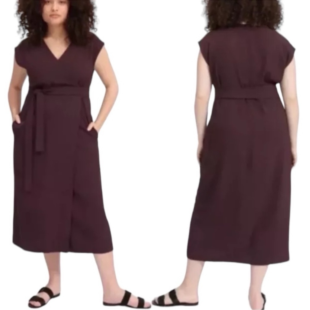 EVERLANE Wrap Dress Plum Purple Brown 2 Midi Japanese GoWeave Minimalist V-Neck